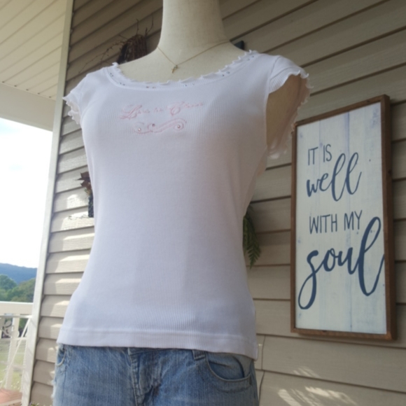 KAVIO ♡ White Embroidered Pink "Love to Cheer" Ruffled Embellished Bling Top XL - Picture 6 of 17